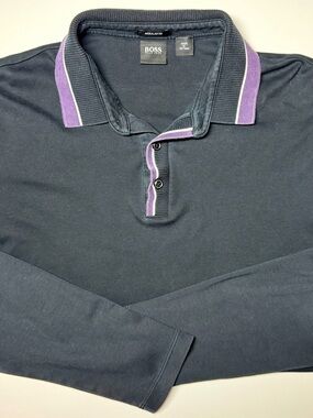 Hugo Boss Plisy Long Sleeve Polo Shirt Black Purple Tipped Collar Size M